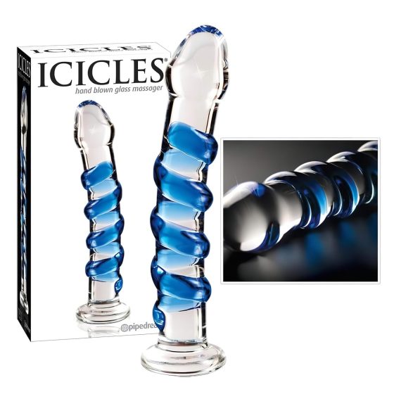 Icicles No. 5 - sklenené dildo - špirála - priehľadné/modré