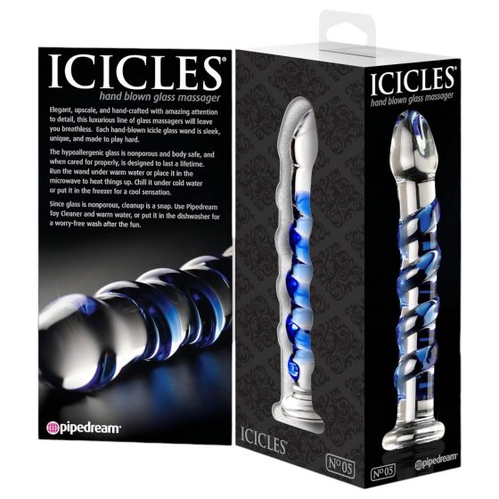 Icicles No. 5 - sklenené dildo - špirála - priehľadné/modré