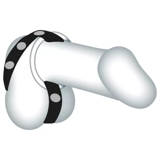 Bad Kitty - kožený erekčný krúžok na semenníky a penis - čierny