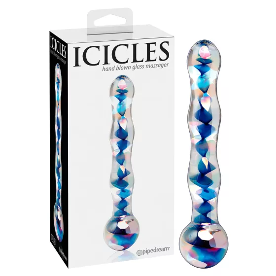 Icicles No. 08 - dvojitý sklenený dildo - vlnitý tvar - číro-modrý