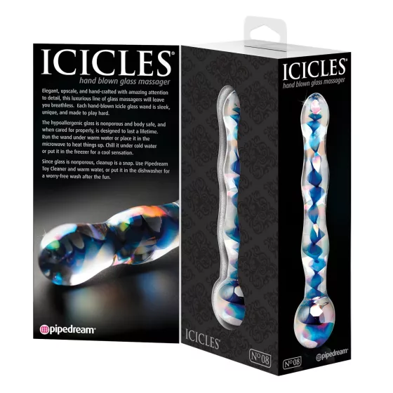 Icicles No. 08 - dvojitý sklenený dildo - vlnitý tvar - číro-modrý
