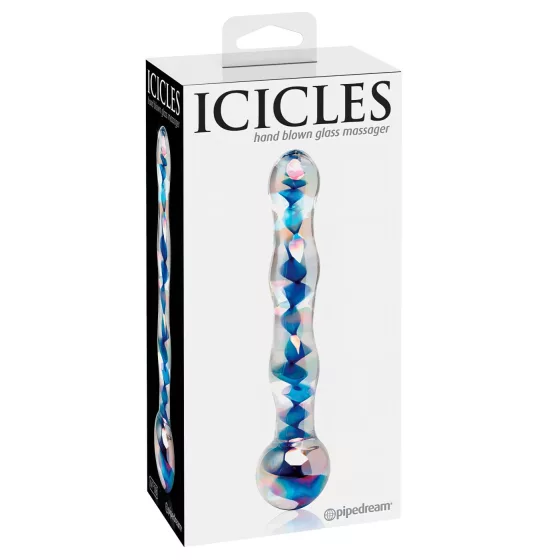 Icicles No. 08 - dvojitý sklenený dildo - vlnitý tvar - číro-modrý