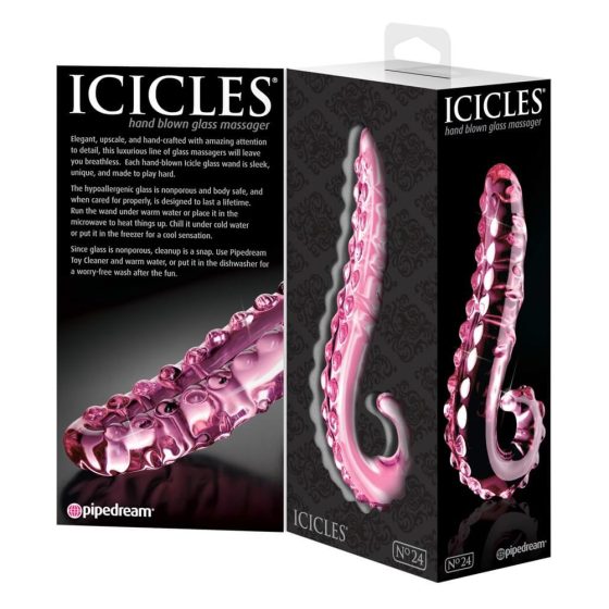 Icicles No. 24 - sklenené dildo s rebrovaným jazykom (ružové)