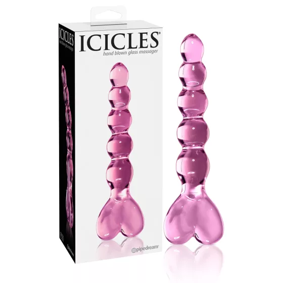 Icicles No. 43 - sklenené dildo s perličkami a srdiečkami - ružové