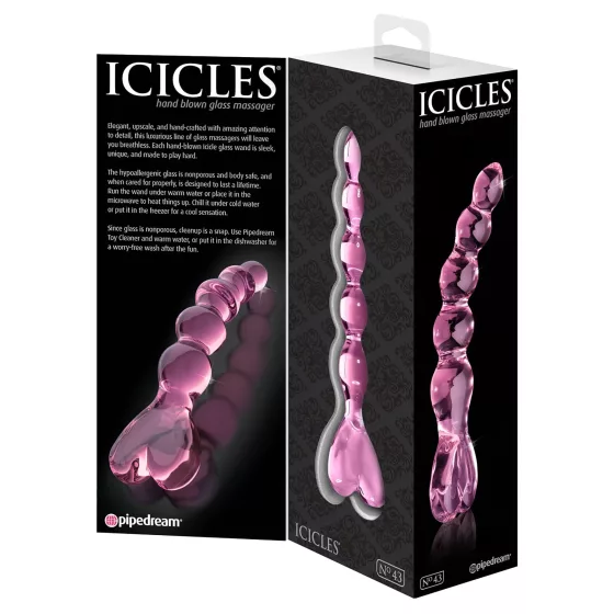 Icicles No. 43 - sklenené dildo s perličkami a srdiečkami - ružové