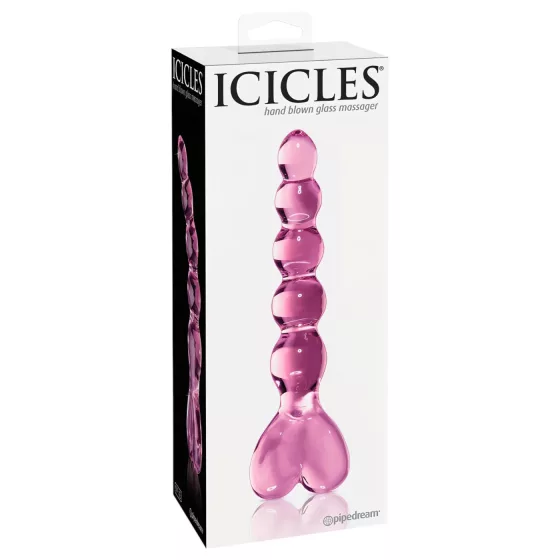 Icicles No. 43 - sklenené dildo s perličkami a srdiečkami - ružové