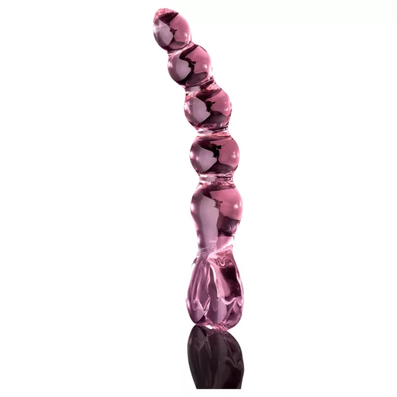 Icicles No. 43 - sklenené dildo s perličkami a srdiečkami - ružové