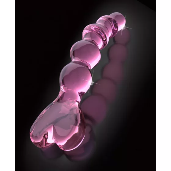 Icicles No. 43 - sklenené dildo s perličkami a srdiečkami - ružové