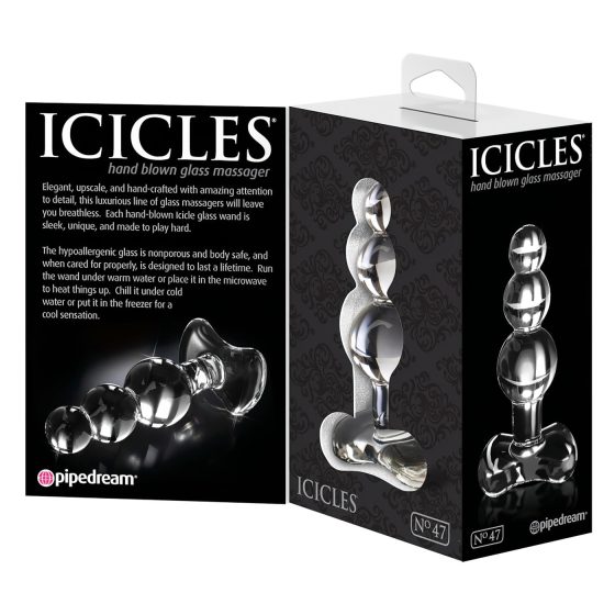 Icicles No. 47 - análny kolík s tromi guľôčkami - sklo priehľadný