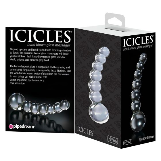 Icicles No. 66 - sklenené dildó s guľkami a ohybom - priehľadné