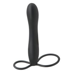   Fetish Double Trouble - krúžok na semenníky a penis s análnym dildom (čierny)