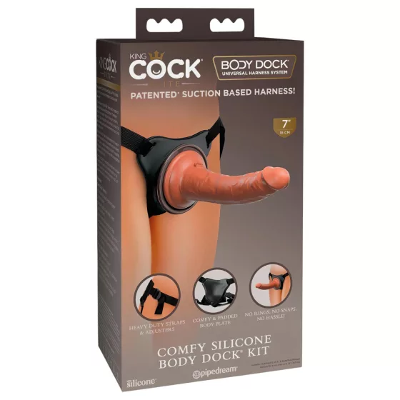 King Cock Elite Comfy - nasadzovací dildo s postrojom - tmavá telová farba