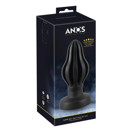 ANOS - jemný čierny anál plug 7cm, s rebrovaním