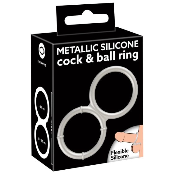 You2Toys - dvojitý silikónový krúžok na penis a semenníky s kovovým efektom (strieborný)