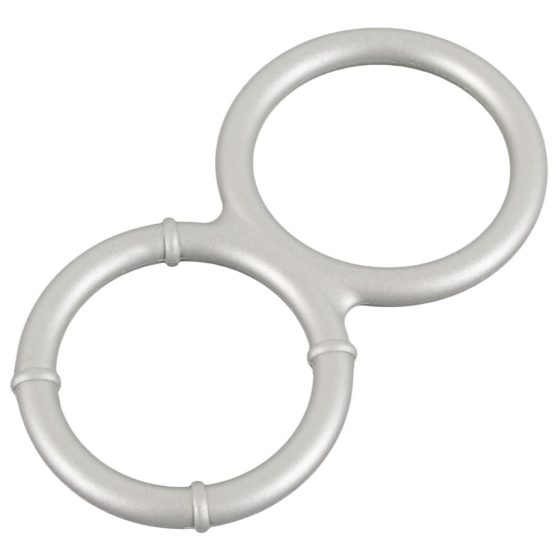 You2Toys - dvojitý silikónový krúžok na penis a semenníky s kovovým efektom (strieborný)