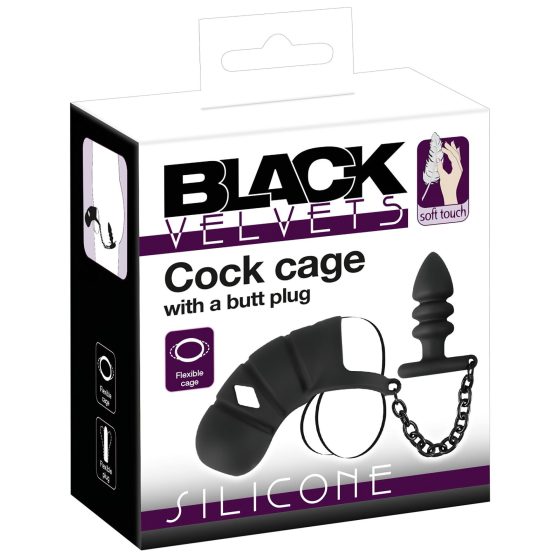 Black Velvet - silikónová klietka na penis s análnym plugom (čierna)