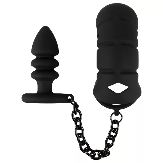 Black Velvets - silikónový penisový klietka s análnym kolíkom - čierny