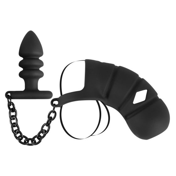 Black Velvet - silikónová klietka na penis s análnym dildom (čierna)