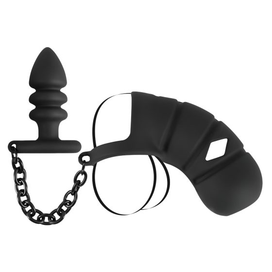 Black Velvet - silikónová klietka na penis s análnym plugom (čierna)