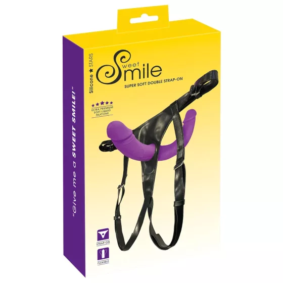 SMILE - pripínací dvojité dildo s popruhmi - silikón - fialovo-čierne