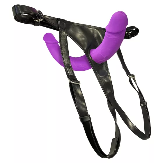 SMILE - pripínací dvojité dildo s popruhmi - silikón - fialovo-čierne