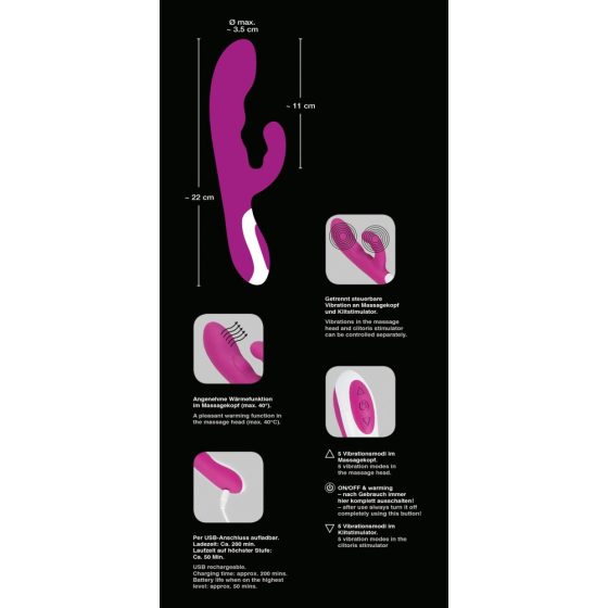 Javida Heating Vibe - nabíjací vibrátor so stimulátorom na klitoris a funkciou ohrevu (černicová)