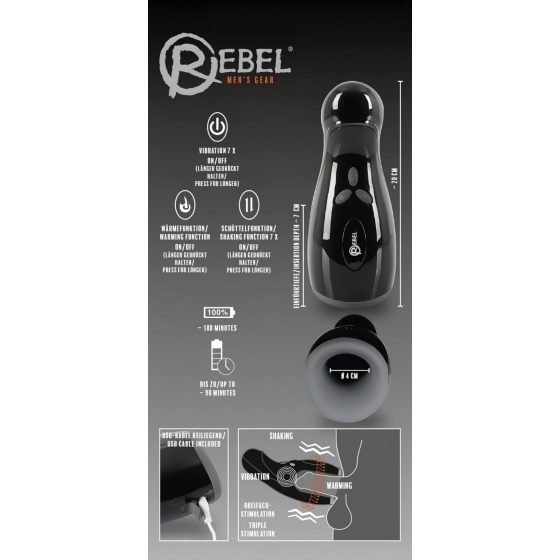 Rebel - vyhrievaný, vibrujúci, pohyblivý masturbátor (čierny)