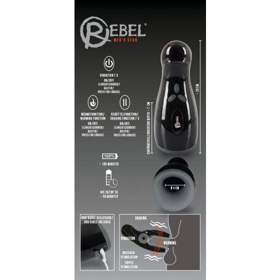 Rebel Masturbátor s 3 funkciami - vibračný masturbátor s ohrevom (čierny)