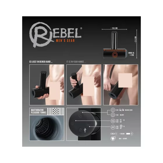 Rebel - pánsky masturbátor - pohyblivý vibrátor - čierny, akumulátorový