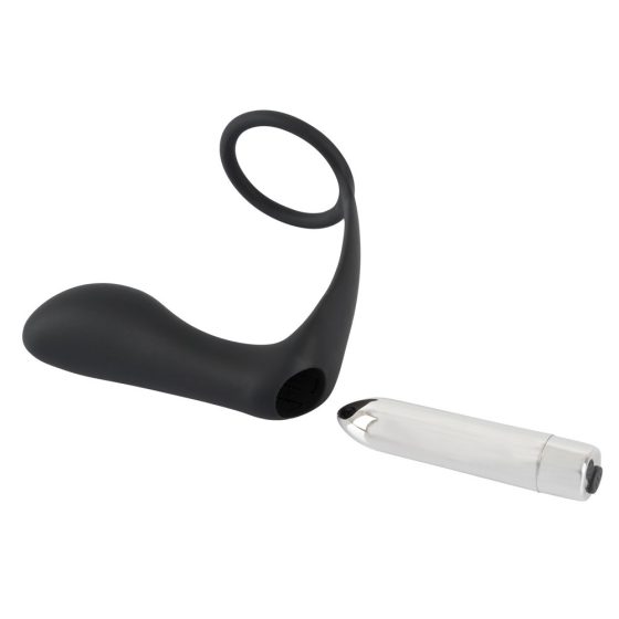 Black Velvet - nabíjací silikónový análny vibrátor s krúžkom na penis (čierny)