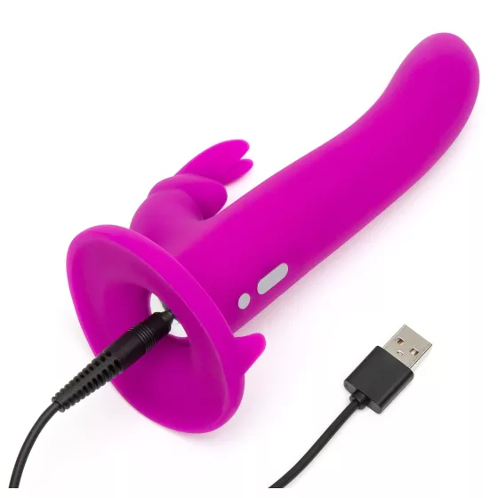 Happyrabbit - strap-on vibrátor pre dvojice - zajačik - fialový