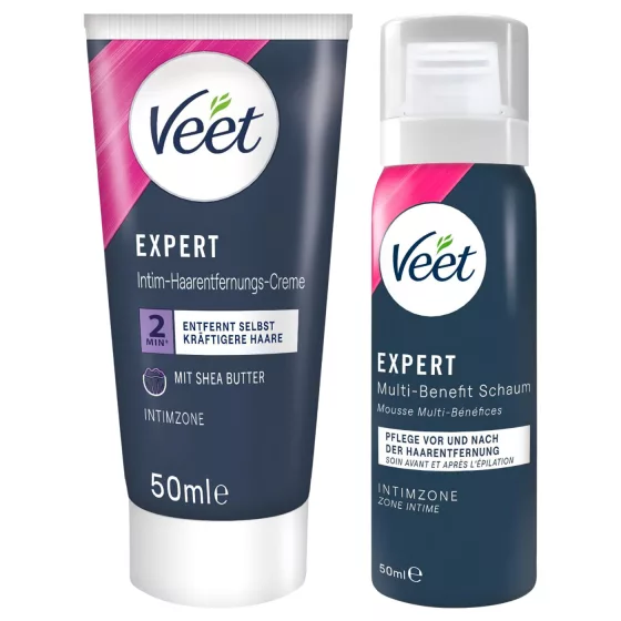 Veet - intímny depilačný krém a hydratačná pena pre ženy (2×50 ml)