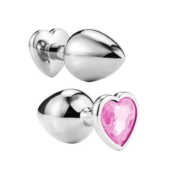 Sunfo - kovové análne dildo s kameňom v tvare srdca (strieborno-ružové)