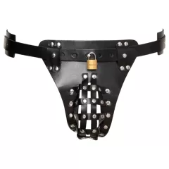   ZADO - čierne kožené panenské tangá s 2 zámkami (S-2XL)