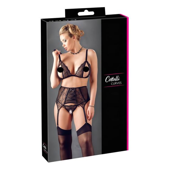 Cottelli Plus Size - Čipkové prádlo trio (čierne)