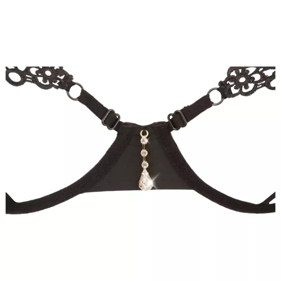 Cottelli - vyšívaná podprsenka a nohavičky - čierna, lesklý efekt - L