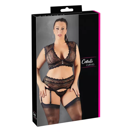 Cottelli Plus Size - erotická bielizeň set - čipka so štrasom - čierna - 3XL