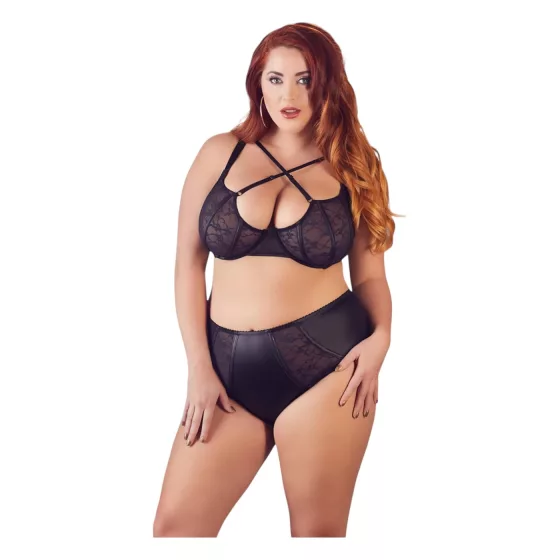 Cottelli Plus Size - Podprsenka a nohavičky s krížovými ramienkami (čierne)