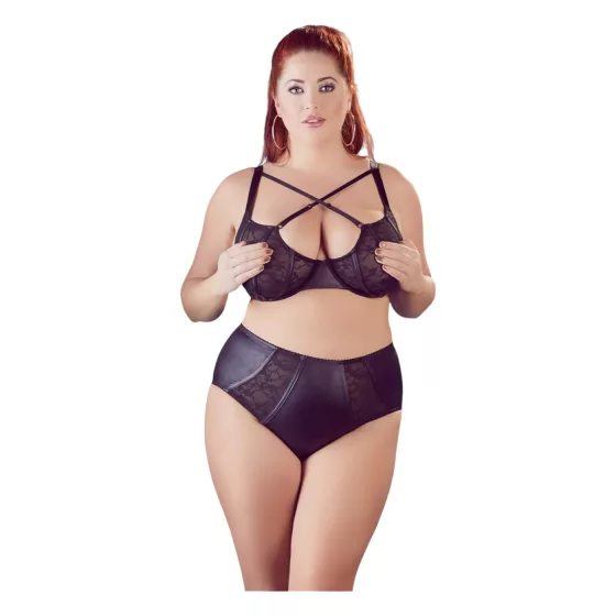 Cottelli Plus Size - Podprsenka a nohavičky s krížovými ramienkami (čierne)