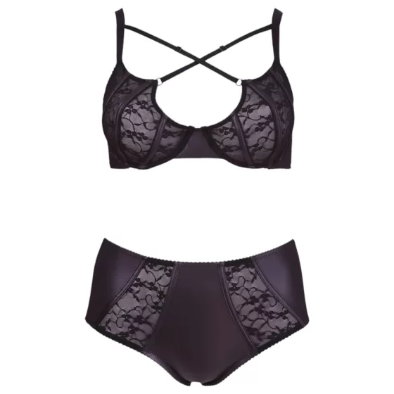 Cottelli Plus Size - Podprsenka a nohavičky s krížovými ramienkami (čierne)