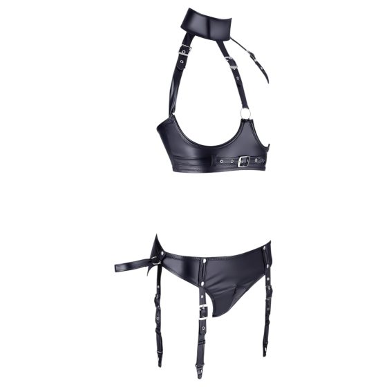 Cottelli Bondage - lesklý set s podprsenkou a putami (čierny)
