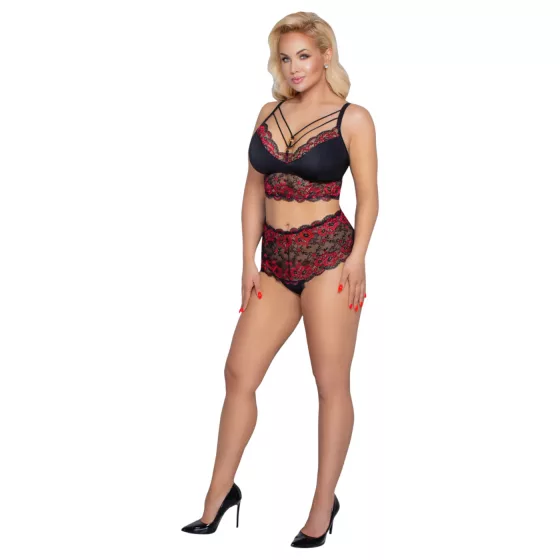 Cottelli Curvies - kvetinová čipkovaná spodná bielizeň (čierna)