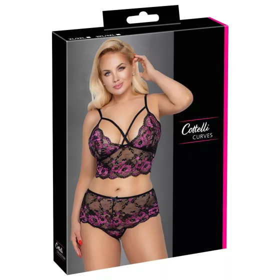 Cottelli Plus Size - kvetinový set podprsenky (čierno-fialový)