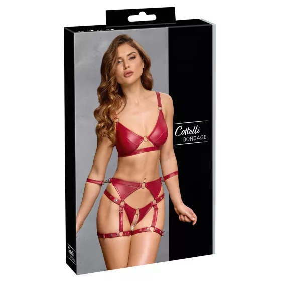 Cottelli Bondage - Lesklý set podprsenky a putá (červené) - L
