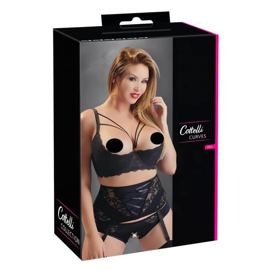 / Cottelli Plus Size - pásikový, krúžkový zdvihák na prsia (čierny)