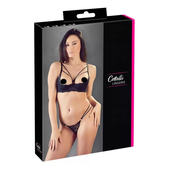 Cottelli - podprsenka s pásikmi a krúžkami - tanga - čierna - 85B/L