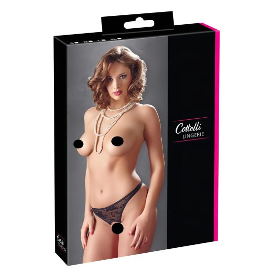 Cottelli - Otvorené čipkované tangá s perličkami (čierne)