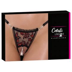  Cottelli - dámske tanga - čipkované, s perličkami, ružové kvety - čierne