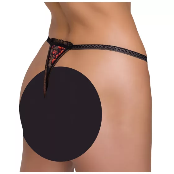 Cottelli - dámske tanga - čipkované, s perličkami, ružové kvety - čierne