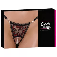   Cottelli - dámske tanga - čipkované, s perličkami, ružové kvety - čierne - M/L